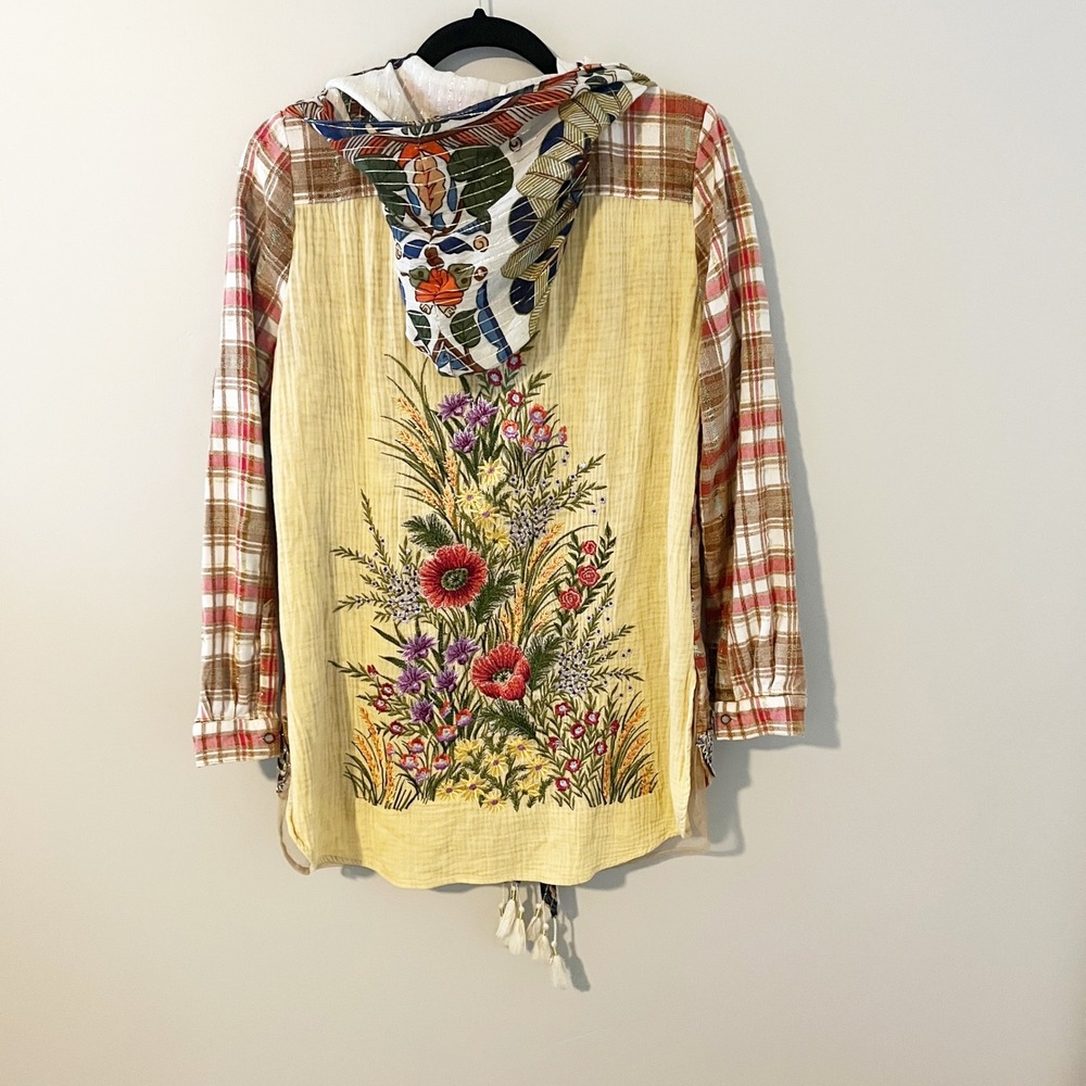 Aratta Silent Journey Plaid Hooded Jacket Floral Embroidery Lace Tassel Small